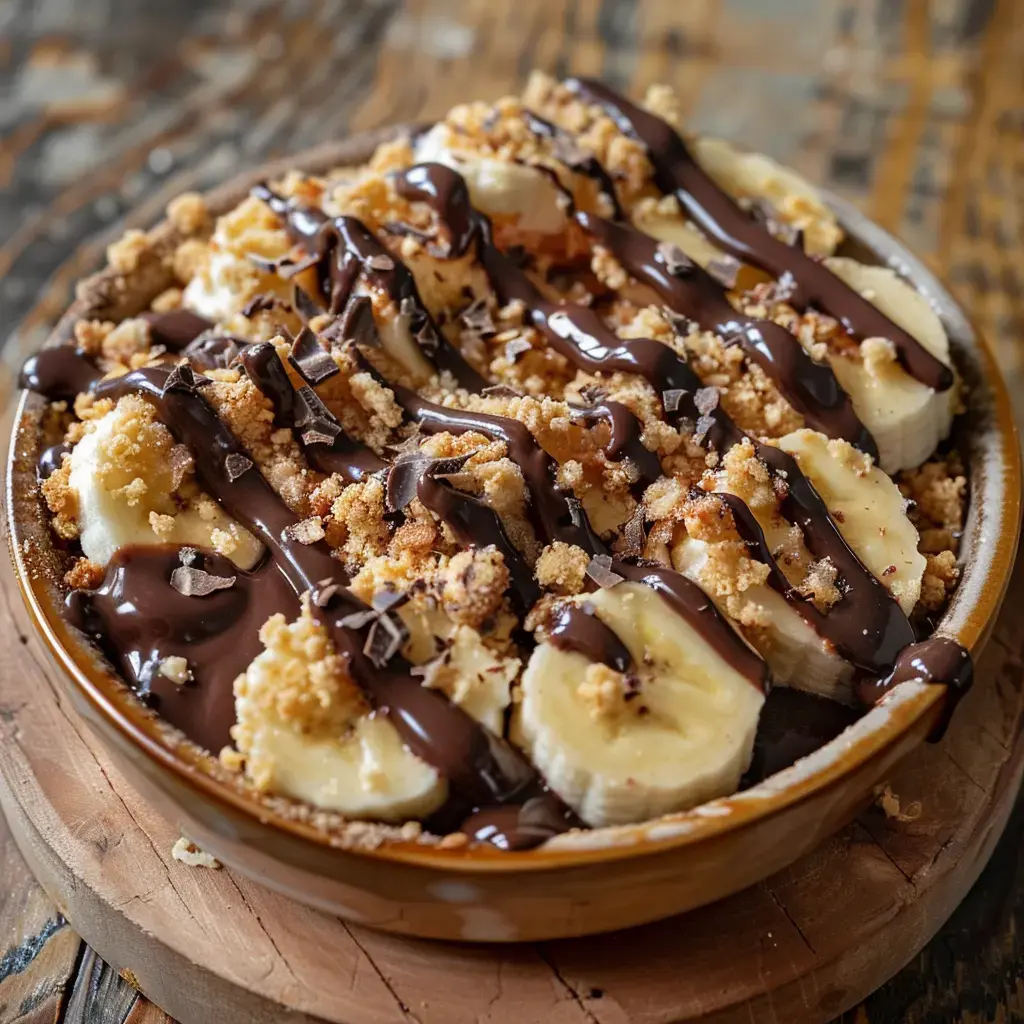 Un dessert à base de bananes tranchées, recouvert d'un crumble doré et d'un coulis de chocolat, présenté dans une assiette rustique.