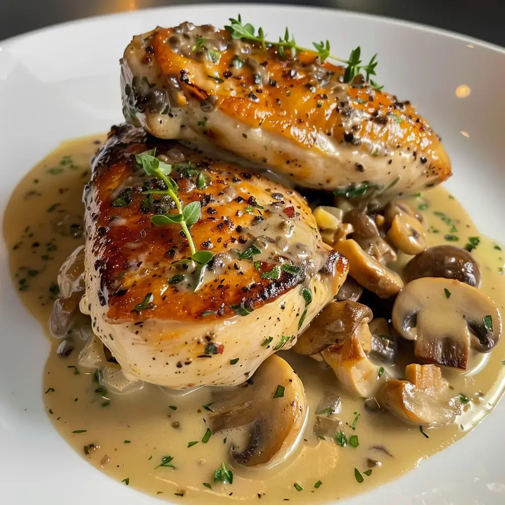 Deux filets de poulet joliment dorés au thym, posés sur des champignons dans une sauce ultra crémeuse.
