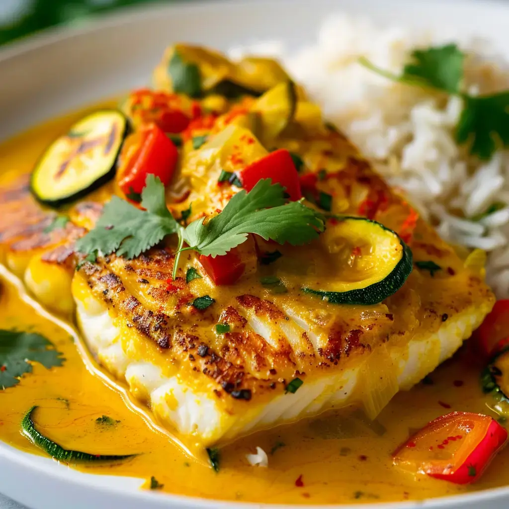 Un beau filet de poisson doré nappé d’une sauce coco, entouré de légumes colorés et de riz parfumé.
