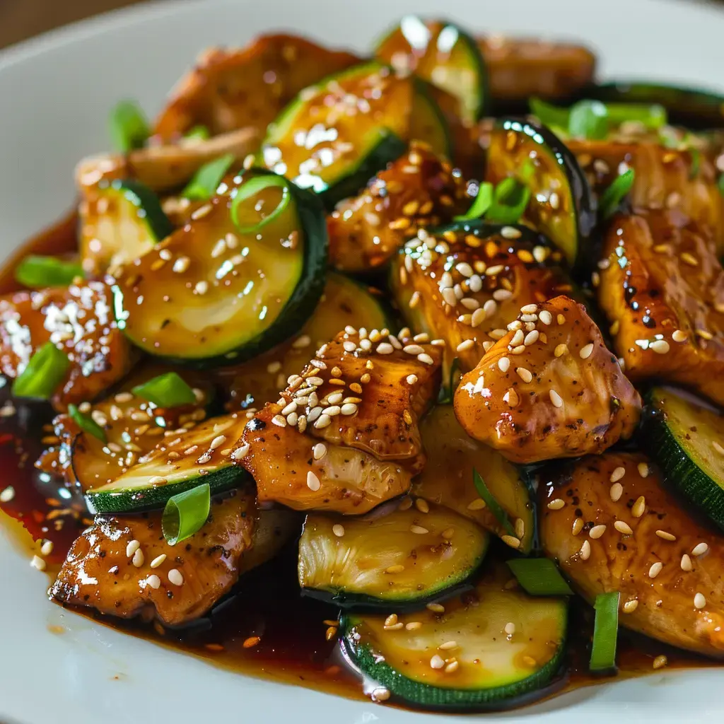 Sauté de poulet aux courgettes luisant, parsemé de graines de sésame et de cébettes fraîches