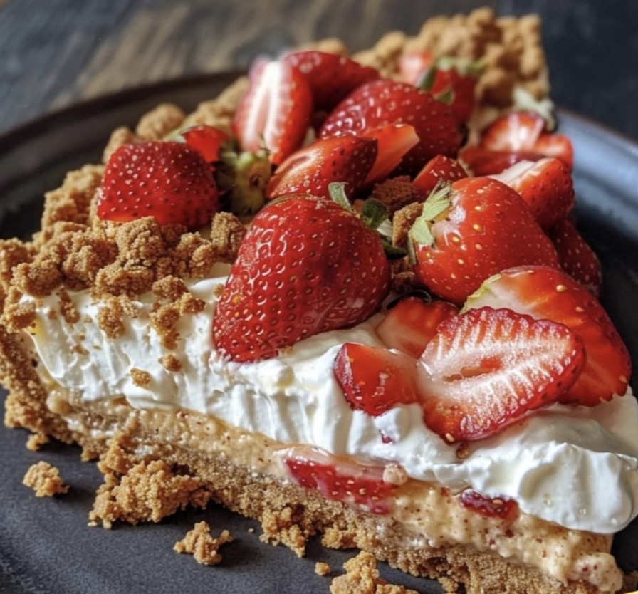 Une tarte aux fraises sur une plaque noire.