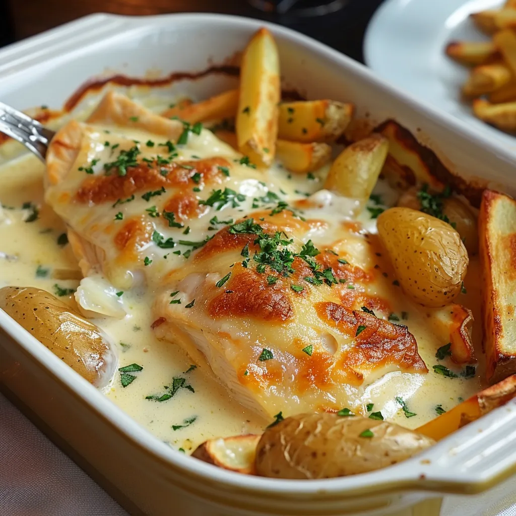 Cassolettes ultra-gourmandes au poulet, maroilles et frites maison