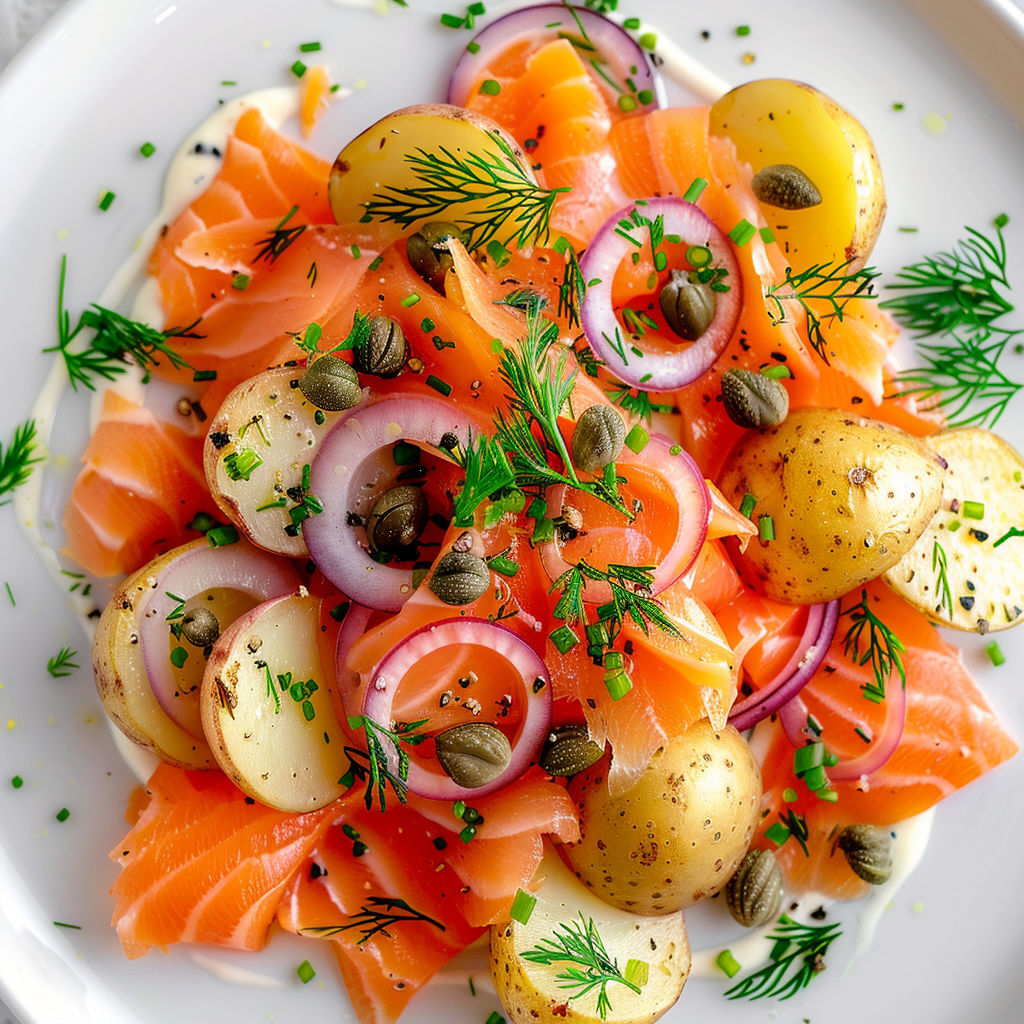 En plein été, une belle salade nordique avec pommes de terre moelleuses, oignons rouges, une touche de moutarde, herbes fraîches et saumon fumé.
