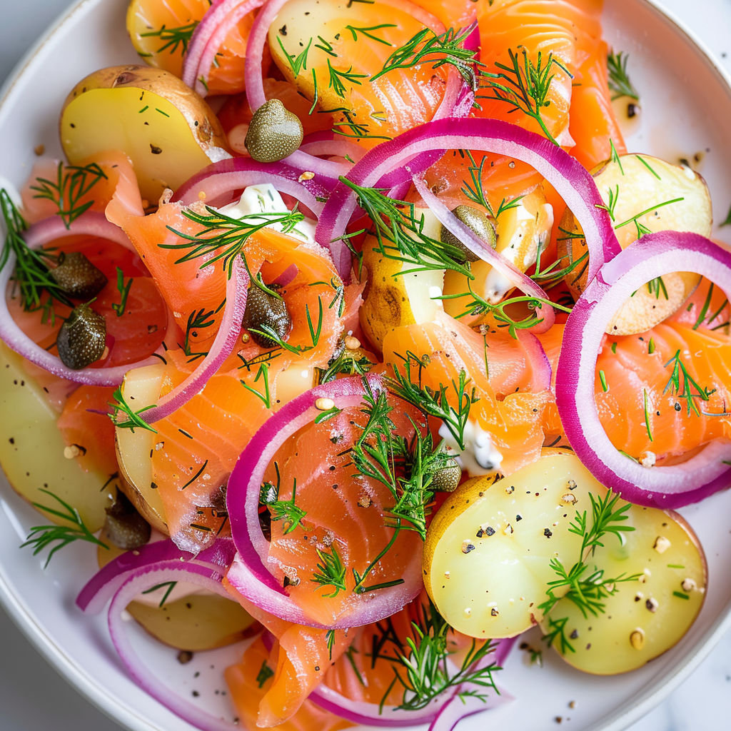 Dans un bol, une salade nordique généreuse mêle poisson fumé et légumes variés avec des touches appétissantes.