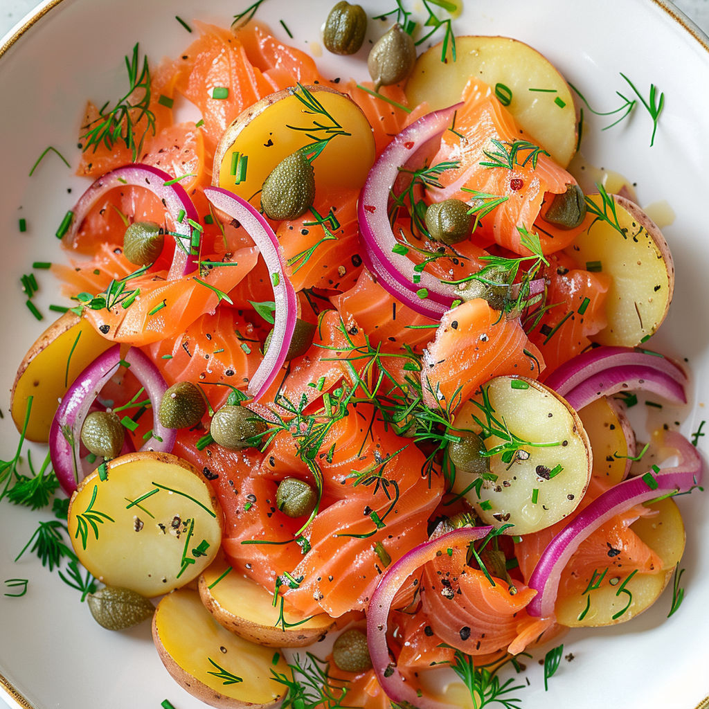 Sur un plateau argenté, on découvre une salade d’été mêlant saumon fumé, pommes de terre et jeunes pousses.