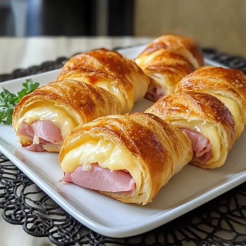 Petits roulés dorés garnis de jambon et fromage fondant, servis joliment sur une assiette.
