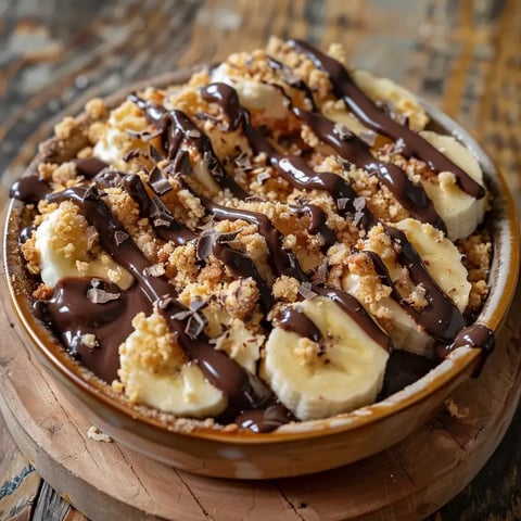 Un dessert à base de bananes tranchées, recouvert d'un crumble doré et d'un coulis de chocolat, présenté dans une assiette rustique.
