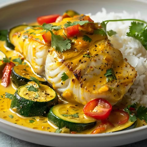 Assiette de poisson, riz, courgettes, sauce jaune colorée, tomates et coriandre sur le dessus.