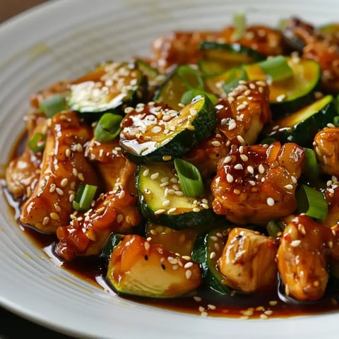 Un plat servi avec des morceaux de poulet, des courgettes, des graines de sésame et des herbes.