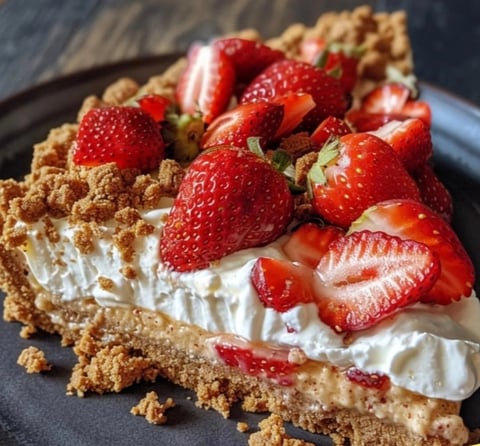 Une tarte aux fraises sur une plaque noire.
