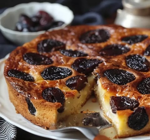 Une tarte aux cerises est servie sur un plateau.